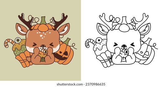 Clipart Halloween Deer Multicolored and Black and White. Cute Clip Art Halloween Animal. Cute Vector Illustration of a Kawaii Halloween Forest Animal with Sweets. 