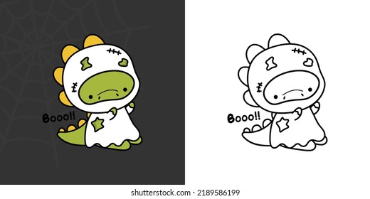 Clipart Halloween Dinosaur Multicolored And Black And White. Cute Clip Art Halloween T Rex. Cute Vector Illustration Of A Kawaii Halloween Dino In A Ghost Costume.
