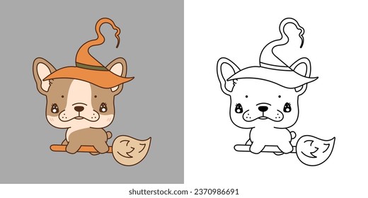 Clipart Halloween French Bulldog Dog Multicolored and Black and White. Cute Clip Art Halloween Dog. Cute Vector Illustration of Halloween Kawaii Animal in Witch Costume. 