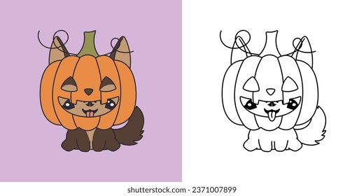 Clipart Halloween German Shepherd Dog Multicolored and Black and White. Cute Clip Art Halloween Dog. Cute Vector Illustration of a Kawaii Halloween Animal Inside a Pumpkin. 