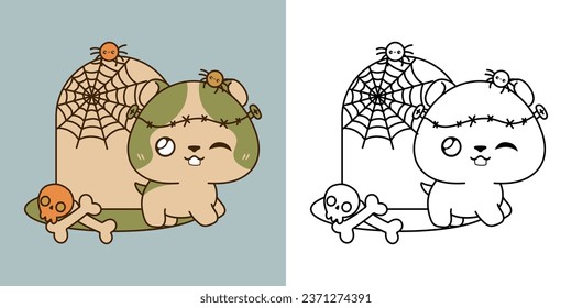 Clipart Halloween Hamster Multicolored and Black and White. Cute Clip Art Halloween Animal. Cute Vector Illustration of a Kawaii Halloween Rodent in a Zombie Costume. 