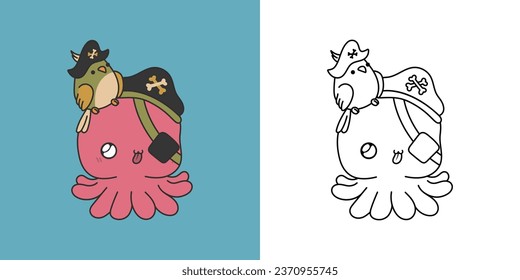 Clipart Art Halloween Octopus Multicolor und Black and White. Cute Clip Art Halloween Sea Animal. Cute Vector Illustration eines Kawaii Halloween-Meerestiers in einem Piratenkostüm. 