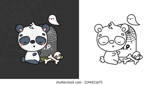 Clipart Halloween Panda Multicolored and Black and White. Cute Clip Art Halloween Bear. Cute Vector Illustration of a Kawaii Animals for Halloween Stickers.
