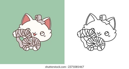 Clipart Halloween Ragdoll Cat Multicolored and Black and White. Cute Clip Art Halloween Cat. Cute Vector Illustration of a Kawaii Halloween Animal in Mummy Costume. 