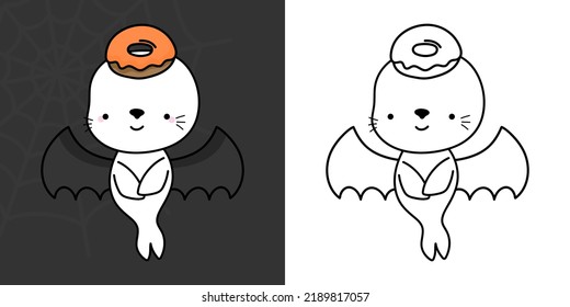 Clipart Halloween Seal Multicolored and Black and White. Cute Clip Art Halloween Animal. Cute Vector Illustration of a Kawaii Halloween Sea Calf in a Vampire Costume.
