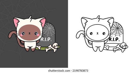 Clipart Halloween Siamese Cat Multicolored and Black and White. Cute Halloween Cat. Cute Vector Illustration of a Kawaii Halloween Animal.
