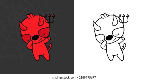 Clipart Halloween Sloth Multicolored and Black and White. Cute Clip Art Halloween Animal. Cute Vector Illustration of a Kawaii Halloween Character in Devil Costume.
