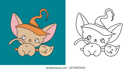 Clipart Halloween Sphynx Cat Multicolored and Black and White. Cute Clip Art Halloween Cat. Cute Vector Illustration of Halloween Kawaii Animal in Witch Costume. 