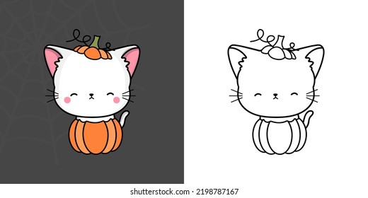 Clipart Halloween Turco Angora Cat Multicolored y Black and White. Un gato lindo de Halloween. Ilustración vectorial de un animal Kawaii de Halloween dentro de una calabaza.
