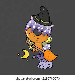 Clipart Halloween Unicorn Donut Multicolored and Black and White. Cute Clip Art Halloween Unicorn. Cute Vector Illustration of Halloween Kawaii Character in Witch Costume.
