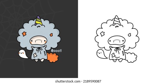 Clipart Halloween Unicorn Multicolored and Black and White. Cute Clip Art Halloween Animal. Cute Vector Illustration of a Kawaii Halloween Unicorn in a Ghost Costume.
