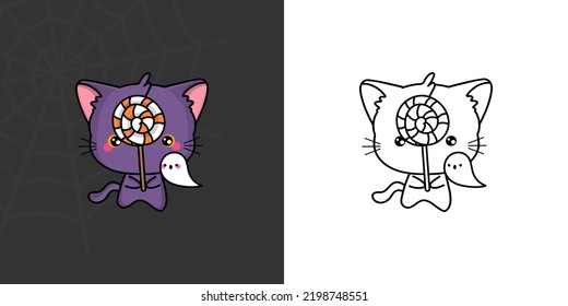 Clipart Halloween Violet Cat Multicolored and Black and White. Cute Clip Art Halloween Cat. Cute Vector Illustration of a Kawaii Halloween Animal with Sweets.
