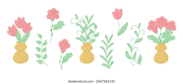 Clipart of hand drawn flowers and bouquets for birthday celebrating in flat candy pastel colors. Vector holiday illustration isolated on white background.