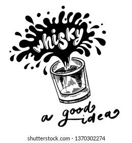 clipart Hand Lettering Drink Whisky a good idea. In a glass. In vector, with a splash, on white background