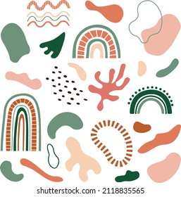 Clipart of hand-drawn abstract shapes and objects: spots, rainbow, lines. Collection of minimalistic contemporary art prints. Perfect for kids print, poster, nursery decoration.