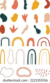 Clipart of hand-drawn abstract shapes and objects: spots, rainbow, lines. Collection of minimalistic contemporary art prints. Perfect for kids print, poster, nursery decoration.