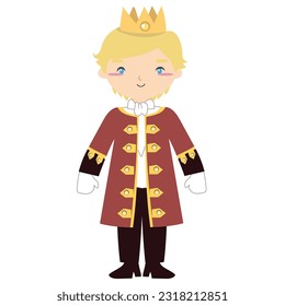 Clipart of handsome prince in coronation suit. Medieval fairytale prince character. Vector outline fantasy monarch kingdom.