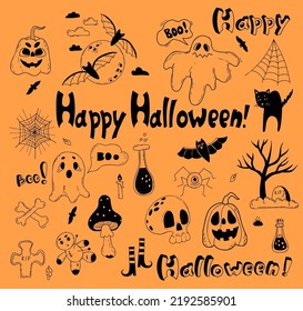 Clipart Happy Halloween. Jack pumpkin, ghost, bat and moon, black cat and web, grave, skull, voodoo doll and potion. Vector linear hand drawn doodle. Isolated elements for decor, design, decoration