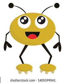 Clipart of a happy yellow monster with a round face, two horns, eyes rolled up is standing, and tongue stuck out while standing , vector, color drawing or illustration. 