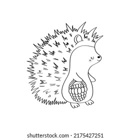 Clipart Hedgehog Black And White In Cartoon Style. Cute Clip Art Coloring Page Hedgehog. Vector Illustration Of A Forest Animal For Stickers, Baby Shower Invitation, Prints For Clothes, Textile. 