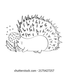 Clipart Hedgehog Coloring Page in Cartoon Style. Cute Clip Art Hedgehog Black and White. Vector Illustration of a Forest Animal for Stickers, Baby Shower Invitation, Prints for Clothes. 