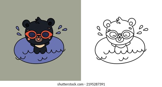 Clipart Himalayan Bear Athlete Multicolored and Black and White. Cute Bear Sportsman. Vector Illustration of a Kawaii Animal for Stickers, Baby Shower, Coloring Pages, Prints for Clothes.
