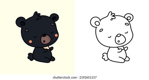 Clipart Himalayan Bear Multicolored and Black and White. Cute Clip Art Black Bear. Vector Illustration of a Kawaii Animal for Stickers, Baby Shower, Coloring Pages, Prints for Clothes.
