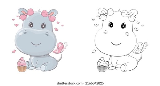 Clipart Hippo Multicolored and Black and White. Cute Clip Art Hippopotamus with Cupcake. Vector Illustration of an Animal for Stickers, Baby Shower, Coloring Pages, Prints for Clothes