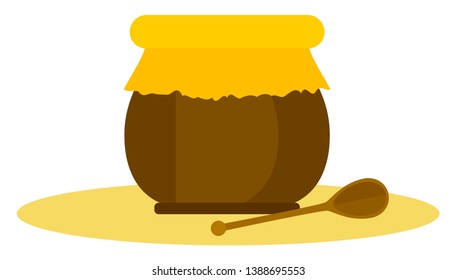 Clipart of honey overflowing through the brown jar and a honey stick lying closer  vector  color drawing or illustration