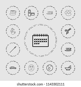Clipart icon. collection of 13 clipart outline icons such as bowl, barber scissors, yawn emot, calendar, cup with heart, car. editable clipart icons for web and mobile.
