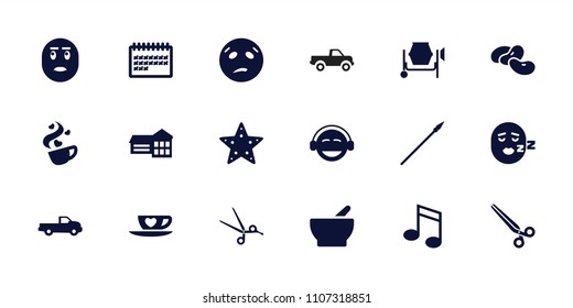 Clipart icon. collection of 18 clipart filled icons such as bean, car, school, sweating emot, emoji, calendar, spear, bowl. editable clipart icons for web and mobile.