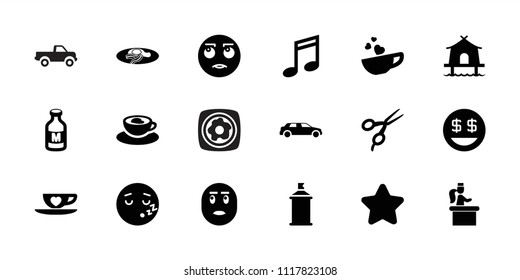 Clipart icon. collection of 18 clipart filled icons such as barber scissors, star, spray paint, rolling eyes emot, dollar smiley. editable clipart icons for web and mobile.