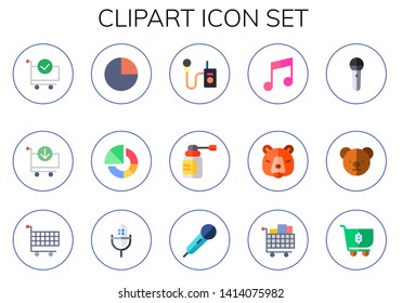 clipart icon set. 15 flat clipart icons.  Simple modern icons about  - cart, pie chart, microphone, spray, musical note, bear, mic, teddy bear, shopping cart