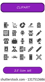 clipart icon set. 25 filled clipart icons.  Simple modern icons about  - Smartphone, Shopping cart, Pie chart, Microphone, Suitcase, Vending machine, Teddy bear, Pencil, Telephone