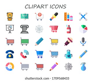 clipart icon set. 30 flat clipart icons. Included teddy bear, area, cart, microphone, pencil, cotton swab, pie chart, history, spider web, shopping cart, spray, telephone icons
