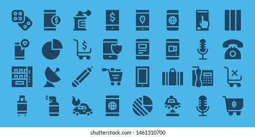 clipart icon set. 32 filled clipart icons. on blue background style Simple modern icons about  - Dice, Smartphone, Vending machine, Suitcase, Pie chart, Satellite, Spray, Shopping cart