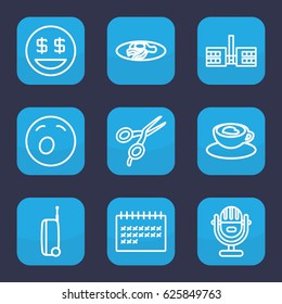 Clipart icon. set of 9 outline clipart icons such as barber scissors, fried egg and bacon, calendar, cup with heart, suitcase, yawn emot, dollar smiley, school