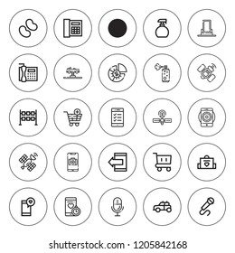 Clipart icon set. collection of 25 outline clipart icons with baby bag, car, dice, eco bulb, jelly beans, microphone, pie chart, phone, satellite icons. editable icons.