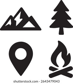 A Clipart icon set like, mountain, palm tree, location pin and Camp fire