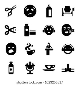 Clipart icons. set of 16 editable filled clipart icons such as airport desk, barber scissors, scissors, school, sweating emot, emoji, cup with heart, microphone, cream tube