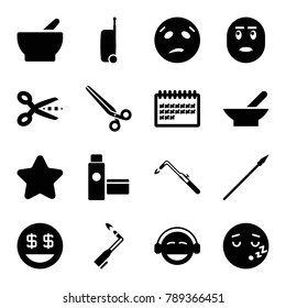 Clipart icons. set of 16 editable filled clipart icons such as bowl, star, blowtorch, scissors, sweating emot, emoji, dollar smiley, sleeping emot, calendar, cream tube