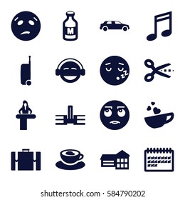 clipart icons set. Set of 16 clipart filled icons such as airport desk, rolling eyes emot, sweating emot, emoji, sleeping emot, milk, calendar, cup with heart, car, suitcase