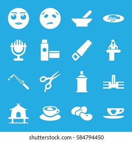 clipart icons set. Set of 16 clipart filled icons such as bowl, bean, airport desk, barber scissors, saw, blowtorch, spray paint, rolling eyes emot, sweating emot