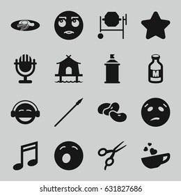 Clipart icons set. set of 16 clipart filled icons such as bean, barber scissors, star, concrete mixer, spray paint, rolling eyes emot, yawn emot, sweating emot, emoji