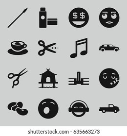 Clipart icons set. set of 16 clipart filled icons such as bean, car, barber scissors, rolling eyes emot, yawn emot, emoji, dollar smiley, sleeping emot, cup with heart