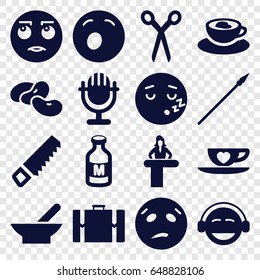 Clipart icons set. set of 16 clipart filled icons such as bowl, bean, airport desk, barber scissors, saw, rolling eyes emot, yawn emot, emoji, milk, cup with heart, suitcase