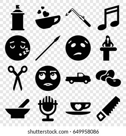 Clipart icons set. set of 16 clipart filled icons such as bowl, bean, car, airport desk, barber scissors, saw, blowtorch, spray paint, rolling eyes emot, sweating emot