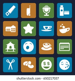 Clipart icons set. set of 16 clipart filled icons such as bean, barber scissors, star, saw, yawn emot, dollar smiley, sleeping emot, calendar, cup with heart, cream tube, tent