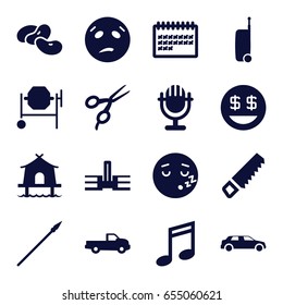 Clipart icons set. set of 16 clipart filled icons such as bean, car, barber scissors, saw, concrete mixer, sweating emot, dollar smiley, sleeping emot, calendar, tent