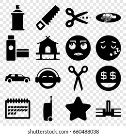 Clipart icons set. set of 16 clipart filled icons such as barber scissors, star, saw, spray paint, rolling eyes emot, emoji, dollar smiley, sleeping emot, fried egg and bacon